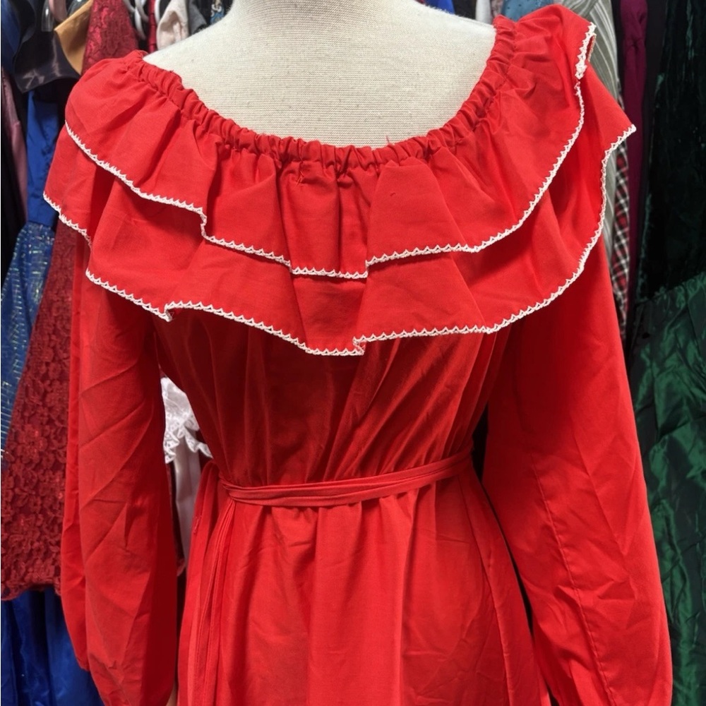 Vintage 70s Red Ruffle Dress Western / Prairie / Folklore Rue Rodeo - Picture 2 of 11